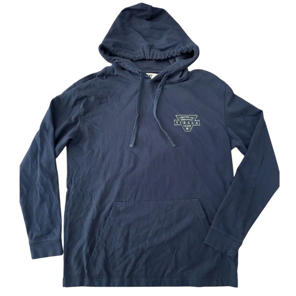 Vissla Mens Medium Navy Blue Long Sleeve Hooded T-Shirt Drawstring Hem Pocket